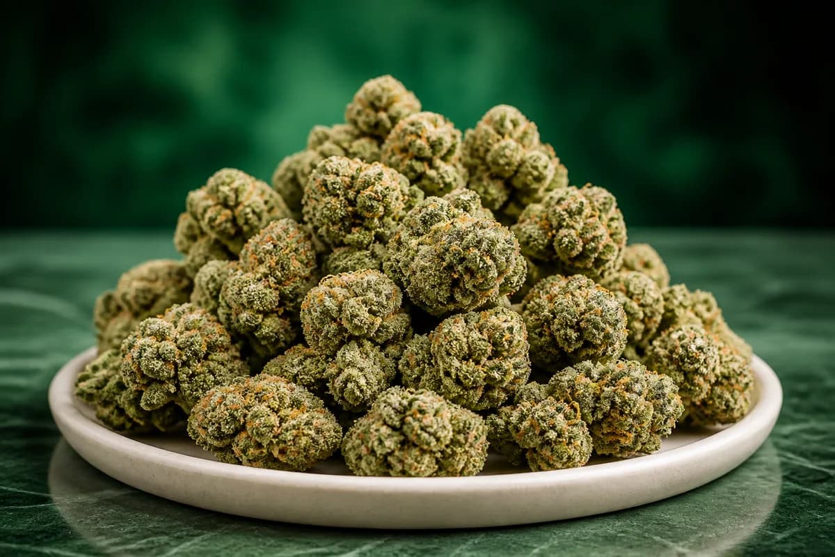 Illustrative collection of trimmed cannabis buds for the Budget Weed collection