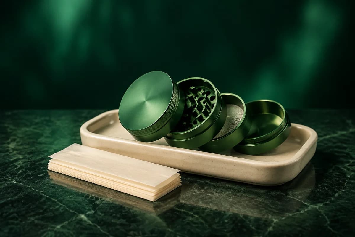 Illustrative cannabis accessories arranged on green stone