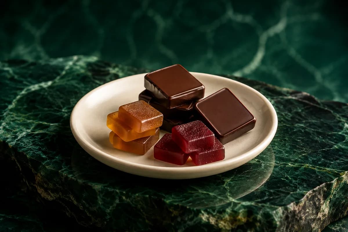 Illustrative edible formats arranged on an emerald background