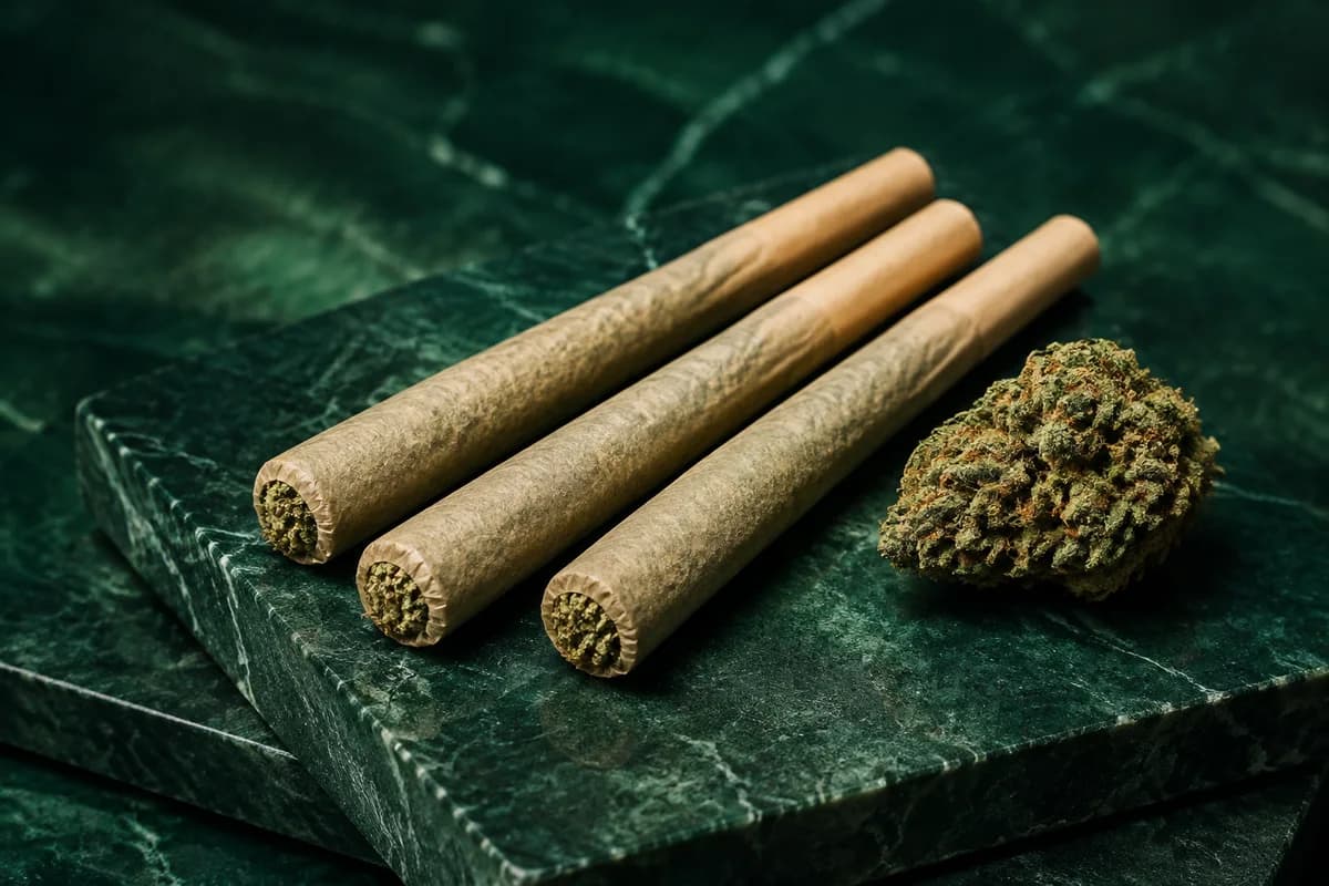 Illustrative unlit cannabis pre-rolls on green stone