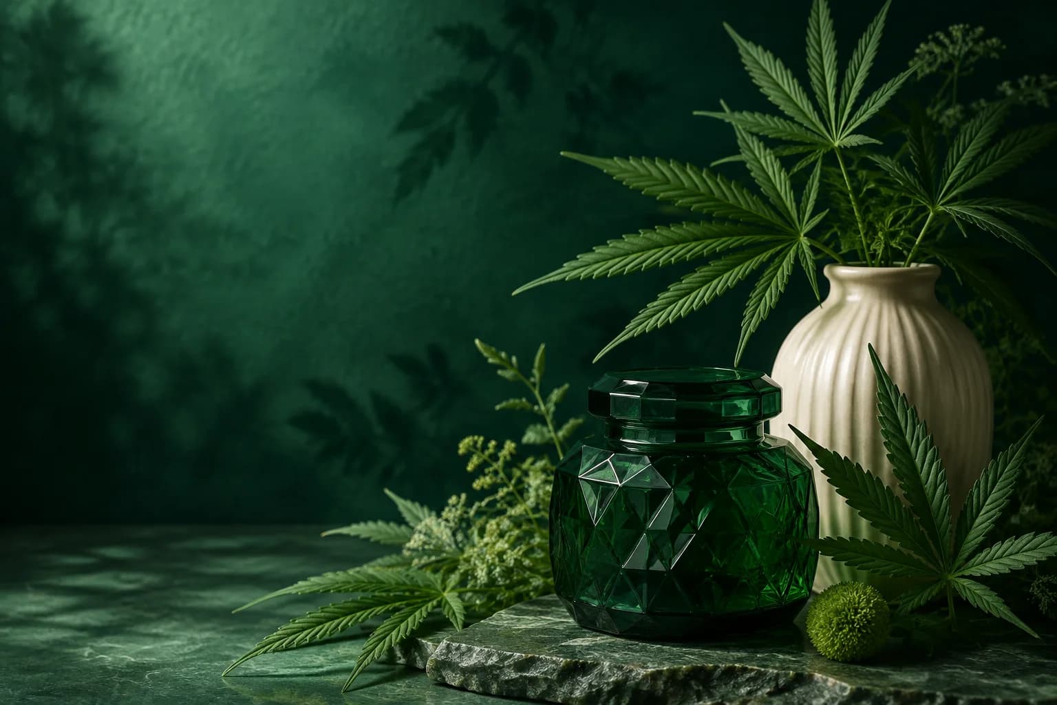 Illustrative botanical still life with cannabis leaves, emerald glass and an ivory vase